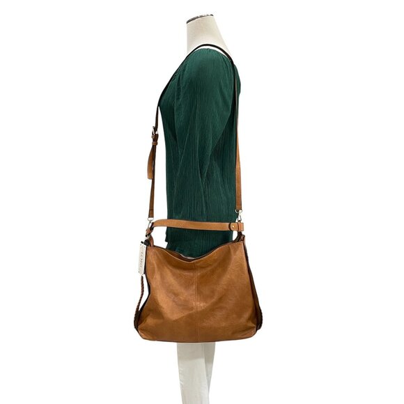 Le Miel Vegan Leather Tote Crossbody Bag Cognac Brown Large Braided Strap - Picture 7 of 14